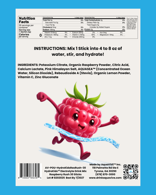 HydroKids™ Healthy Hydration Raspberry Rush 30 Serving Sticks (No Sugar Added, No Dyes, No Artificial Ingredients)