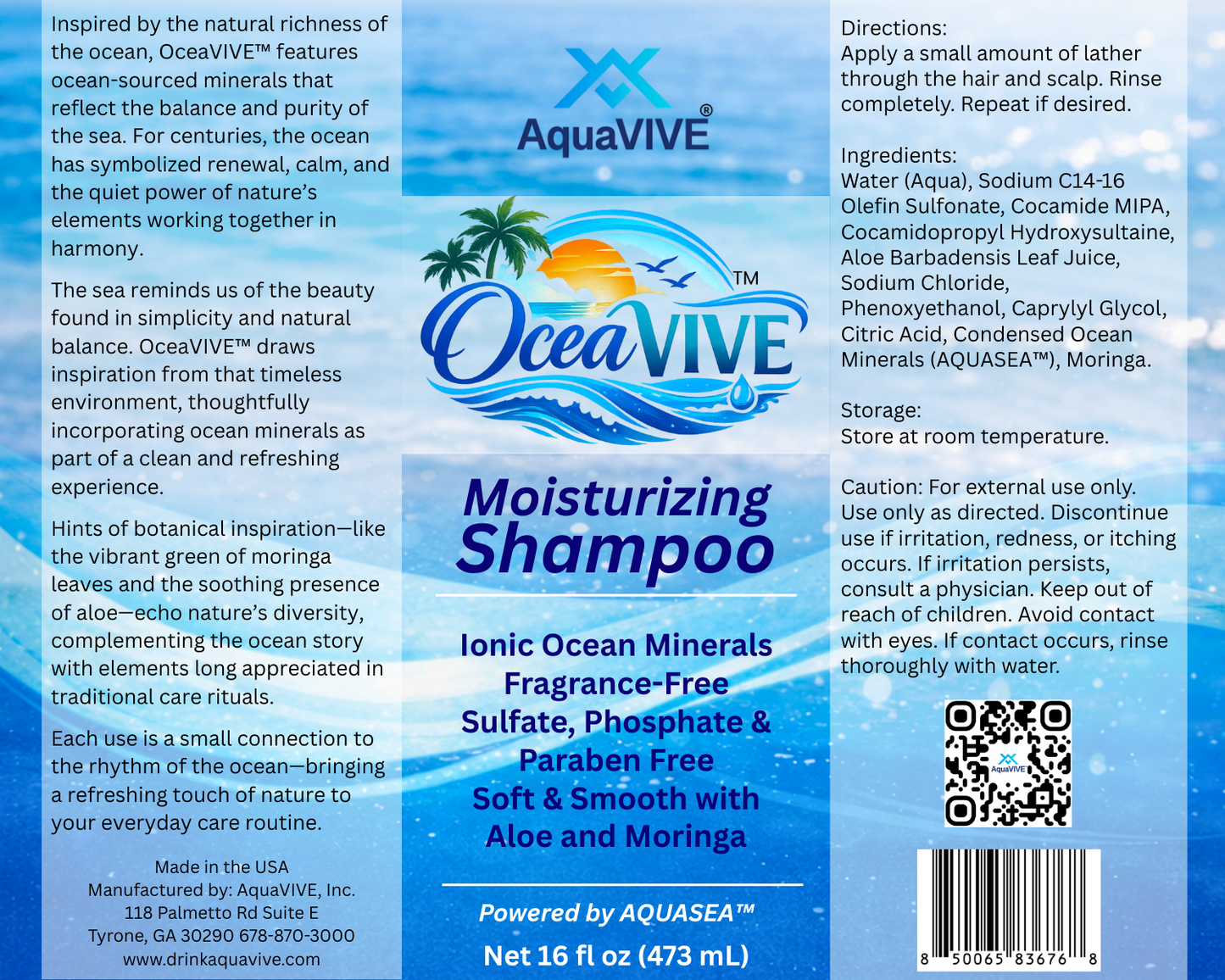 OceaVIVE™ Moisturizing Shampoo with Ocean Minerals, Aloe, Moringa & Fragrance-Free 16 Fl oz
