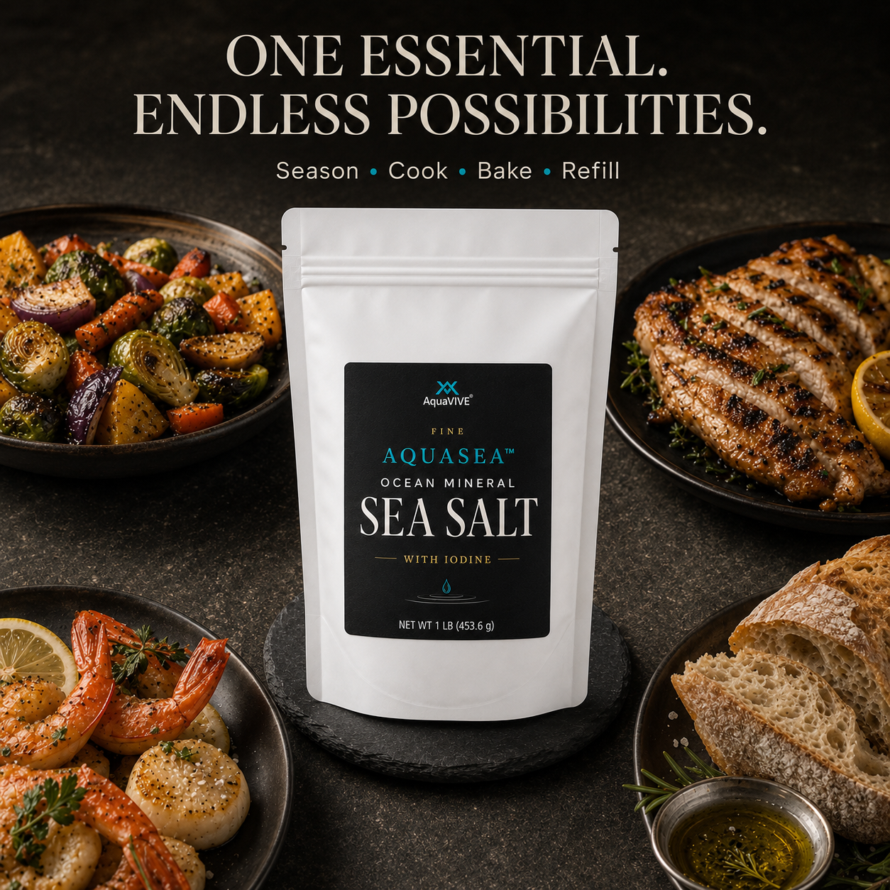 AquaVIVE Fine AQUASEA™ Sea Salt 1 lb pouch surrounded by vegetables, chicken, seafood and bread.