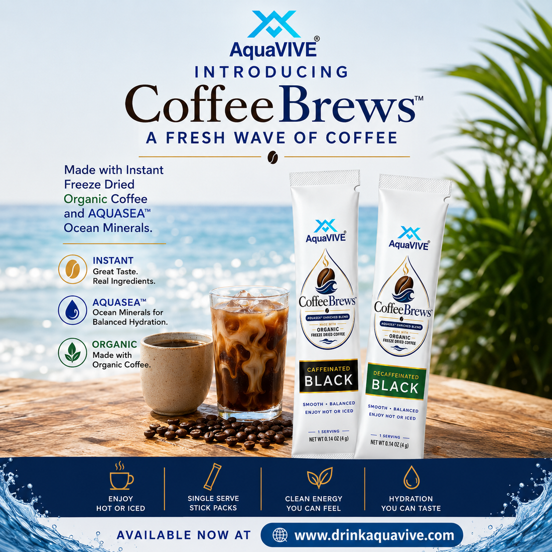 AquaVIVE Introducing CoffeeBrews™ — premium Instant Freeze-Dried Organic Coffee