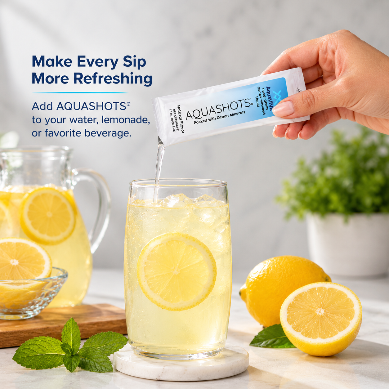 AQUASHOTS™ Ocean-Sourced Liquid Drink Add-In Sachets | Unflavored Beverage Mixer for Water, Coffee, Tea, Smoothies | Zero Calories, No Sugar | Hot or Cold Drinks | 30 Sachets
