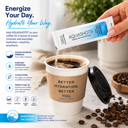 AQUASHOTS™ Ocean-Sourced Liquid Drink Add-In Sachets | Unflavored Beverage Mixer for Water, Coffee, Tea, Smoothies | Zero Calories, No Sugar | Hot or Cold Drinks | 30 Sachets