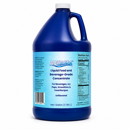 AQUASEA™ Liquid Trace Minerals 1 gallon food and beverage grade concentrate in a cobalt blue HDPE jug for commercial beverage manufacturing, food production, bottled water, smoothies, frozen desserts, hydration products, and industrial ingredient applications.