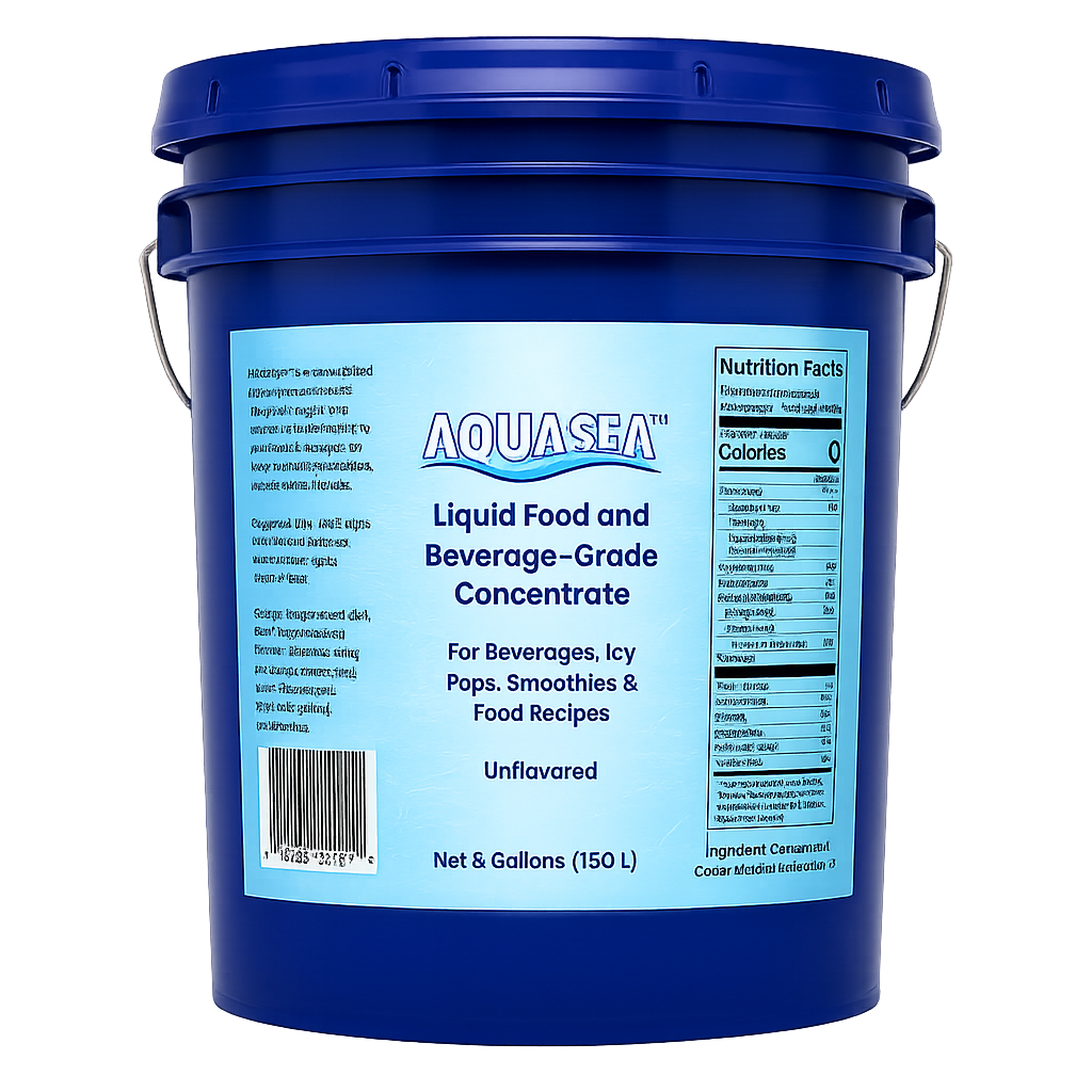 AQUASEA™ Liquid Trace Minerals 5 gallon food and beverage grade concentrate in a cobalt blue pail for commercial beverage manufacturing, food processing, bottled water, smoothies, frozen desserts, hydration products, ingredient formulation, and industrial food production.