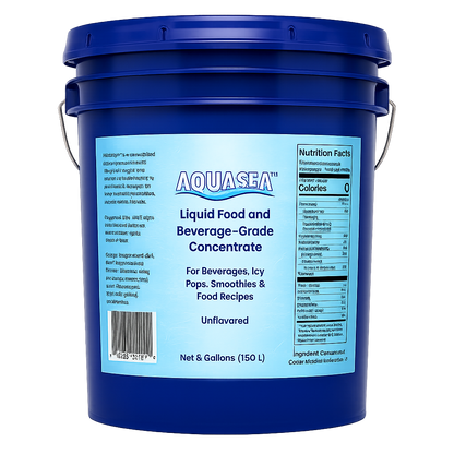 AQUASEA™ Liquid Trace Minerals 5 gallon food and beverage grade concentrate in a cobalt blue pail for commercial beverage manufacturing, food processing, bottled water, smoothies, frozen desserts, hydration products, ingredient formulation, and industrial food production.