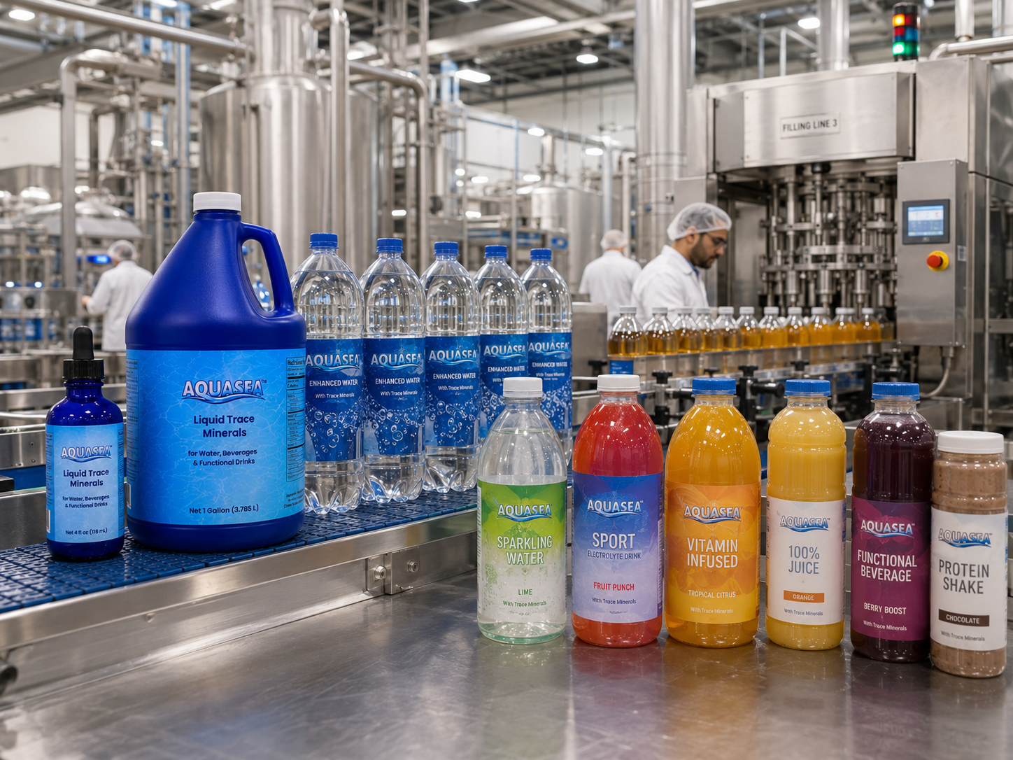 AQUASEA™ Liquid Trace Minerals 4 fl oz evaluation sample and 1 gallon jug displayed in a commercial beverage manufacturing facility with bottled water, sparkling water, sports drinks, vitamin beverages, juice, functional beverages, and protein shakes.