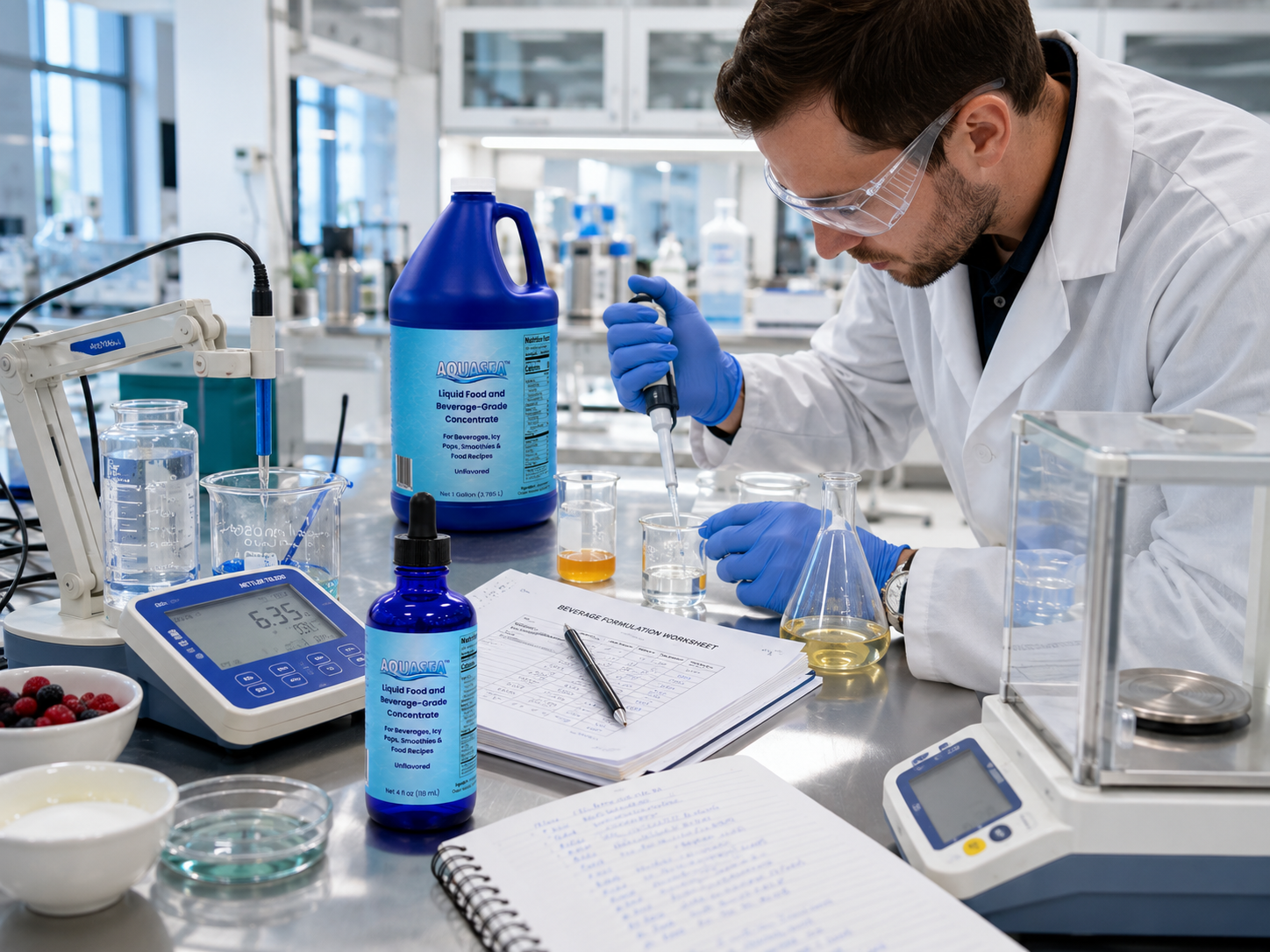 AQUASEA™ Liquid Trace Minerals 4 fl oz evaluation sample and 1 gallon jug used in a commercial beverage formulation laboratory with a food scientist, precision scales, pH testing equipment, glassware, and ingredient samples.