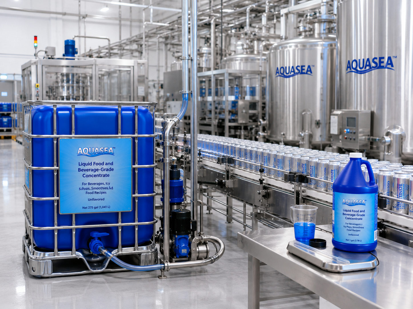 AQUASEA™ Liquid Trace Minerals 275 gallon IBC tote and 1 gallon jug supplying a commercial beverage manufacturing facility with stainless steel blending tanks, automated canning equipment, ingredient dosing systems, and production lines.