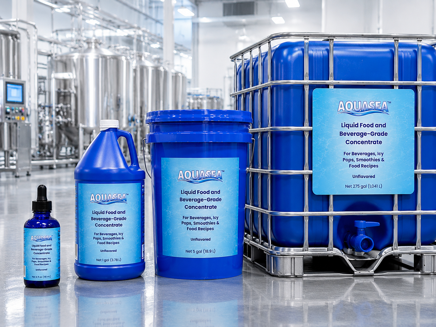 AQUASEA™ Liquid Trace Minerals product line featuring a 4 fl oz evaluation sample, 1 gallon jug, 5 gallon pail, and 275 gallon IBC tote for commercial food, beverage, hydration, and ingredient manufacturing applications.