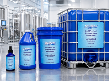 AQUASEA™ Liquid Trace Minerals product line featuring a 4 fl oz evaluation sample, 1 gallon jug, 5 gallon pail, and 275 gallon IBC tote for commercial food, beverage, hydration, and ingredient manufacturing applications.