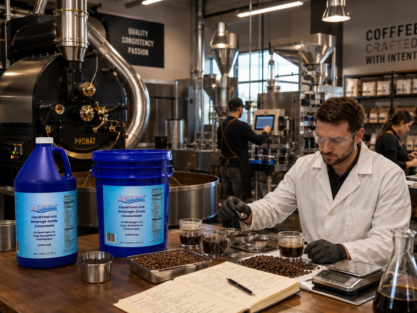 AQUASEA™ Liquid Trace Minerals 1 gallon jug and 5 gallon pail displayed in a commercial coffee roasting and product development facility with roasted coffee beans, cupping samples, precision scales, formulation notes, and a coffee scientist evaluating beverage formulations.