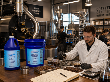 AQUASEA™ Liquid Trace Minerals 1 gallon jug and 5 gallon pail displayed in a commercial coffee roasting and product development facility with roasted coffee beans, cupping samples, precision scales, formulation notes, and a coffee scientist evaluating beverage formulations.