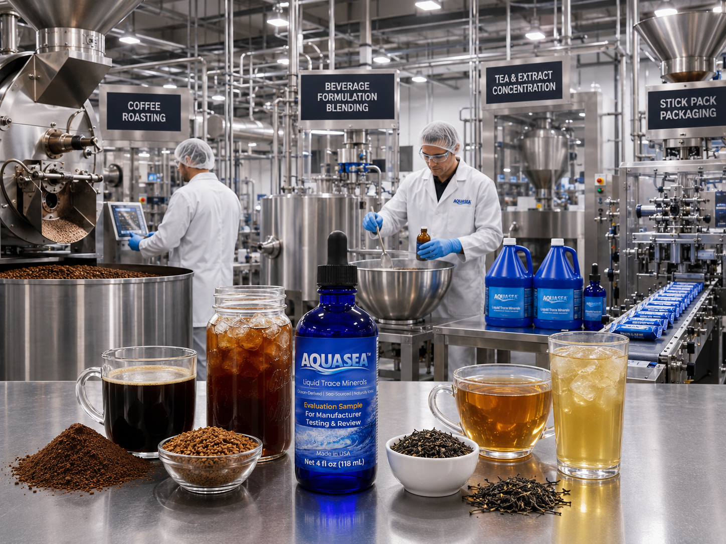 AQUASEA™ Liquid Trace Minerals 4 fl oz evaluation sample used in a commercial coffee and tea manufacturing facility with coffee roasting equipment, beverage blending tanks, tea concentrate processing, cold brew samples, and stick pack packaging lines.
