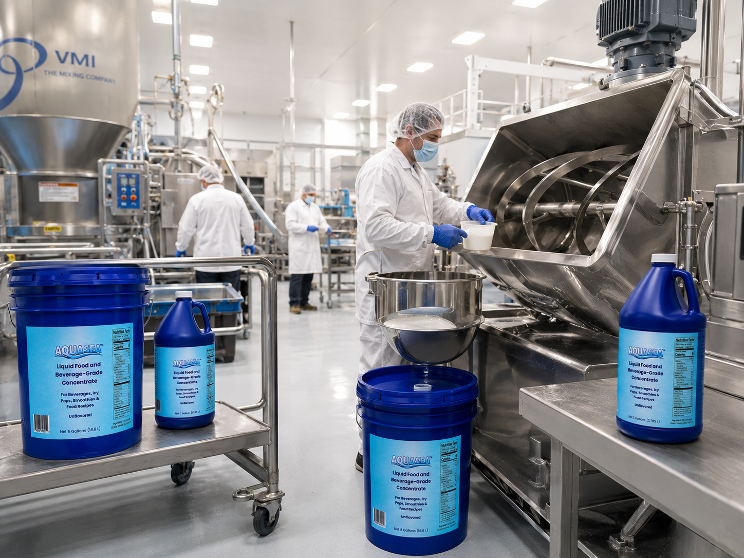 AQUASEA™ Liquid Trace Minerals 1 gallon jugs and 5 gallon pails used in a commercial food manufacturing facility with stainless steel ribbon blending equipment and food production technicians.