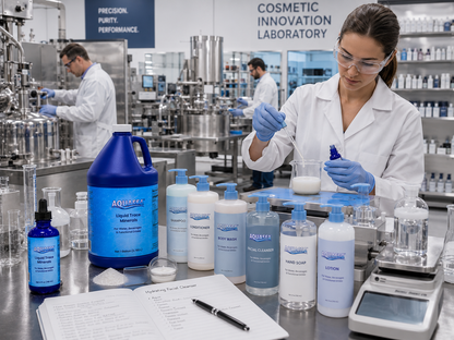 AQUASEA™ Liquid Trace Minerals 4 fl oz evaluation sample and 1 gallon jug used in a commercial cosmetic innovation laboratory developing shampoo, conditioner, body wash, facial cleanser, hand soap, and lotion with food scientists, precision scales, laboratory glassware, and stainless steel formulation equipment.