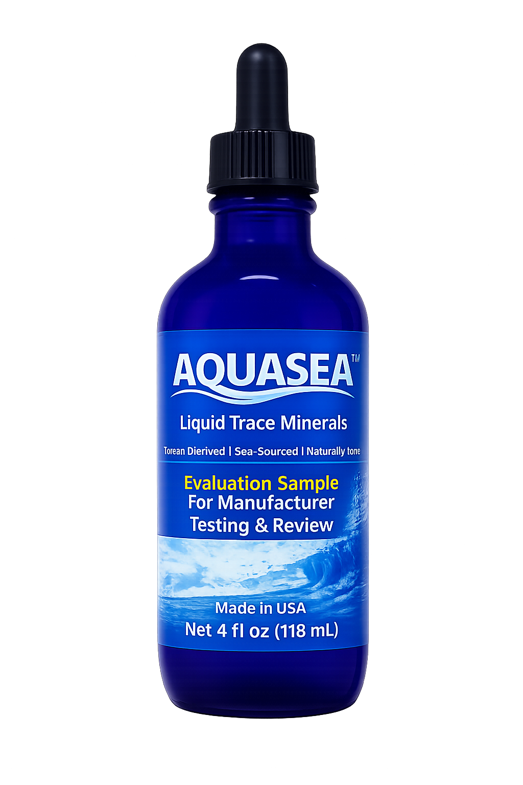 AQUASEA™ Liquid Trace Minerals Evaluation Sample 4 oz cobalt blue glass dropper bottle with concentrated ocean trace minerals for commercial food, beverage, dietary supplement, cosmetic, personal care, pet nutrition, and product development applications.
