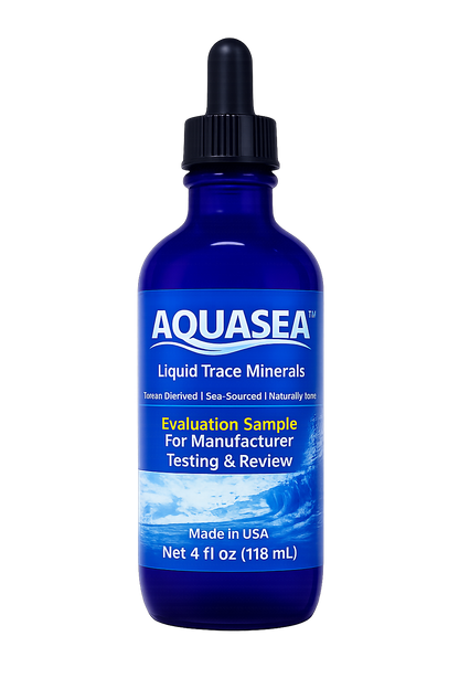 AQUASEA™ Liquid Trace Minerals Evaluation Sample 4 oz cobalt blue glass dropper bottle with concentrated ocean trace minerals for commercial food, beverage, dietary supplement, cosmetic, personal care, pet nutrition, and product development applications.