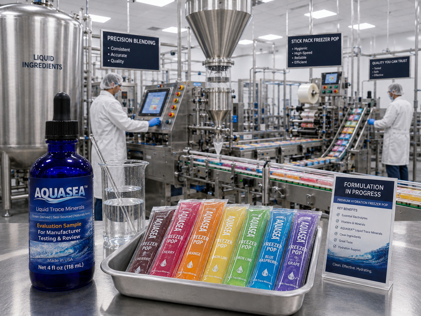 AQUASEA™ Liquid Trace Minerals 4 fl oz evaluation sample displayed in a commercial freezer pop manufacturing facility with colorful hydration pops, stainless steel blending equipment, formulation glassware, and automated stick pack production lines.