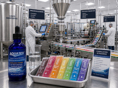 AQUASEA™ Liquid Trace Minerals 4 fl oz evaluation sample displayed in a commercial freezer pop manufacturing facility with colorful hydration pops, stainless steel blending equipment, formulation glassware, and automated stick pack production lines.