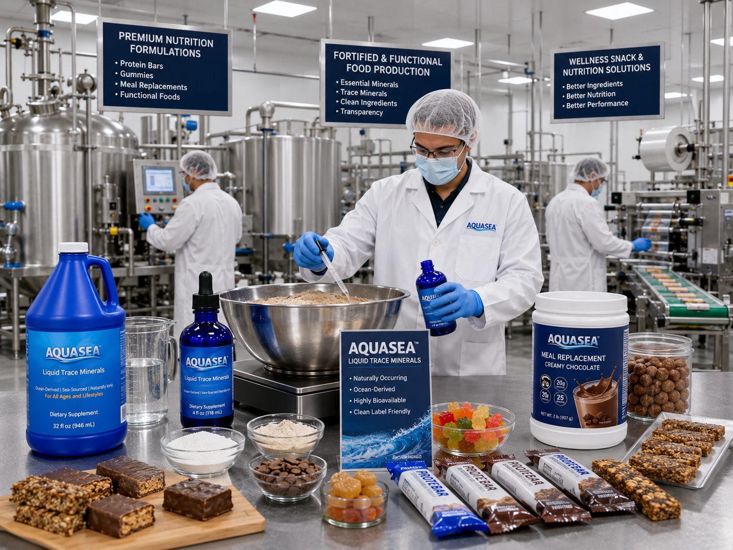 AQUASEA™ Liquid Trace Minerals 4 fl oz evaluation sample and 1 gallon jug used in a commercial functional food manufacturing facility producing protein bars, gummies, meal replacement products, fortified foods, and wellness snacks with stainless steel formulation and packaging equipment.
