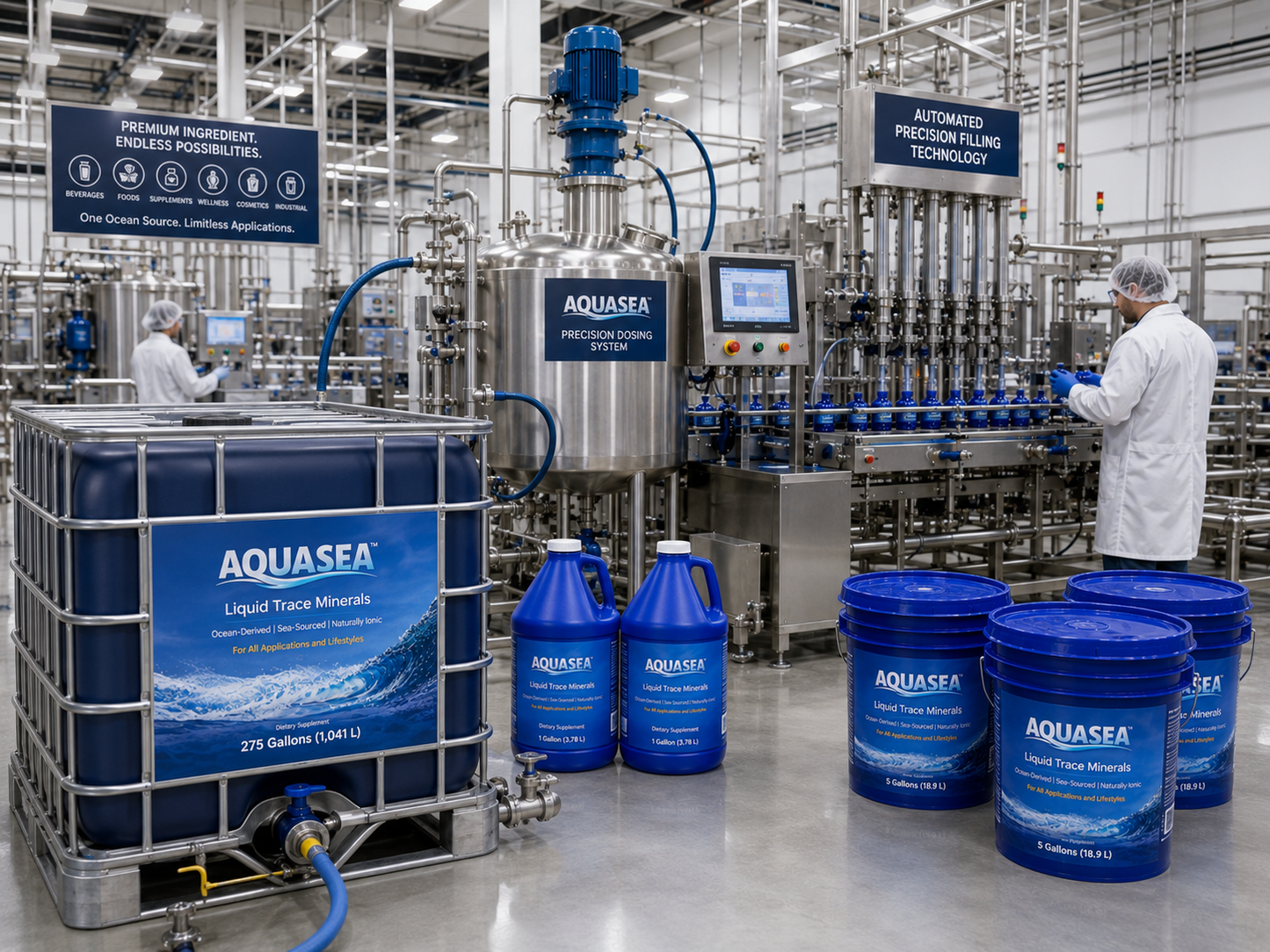 AQUASEA™ Liquid Trace Minerals 275 gallon IBC tote, 1 gallon jugs, and 5 gallon pails used in a commercial manufacturing facility with automated precision dosing, stainless steel blending equipment, filling technology, and industrial ingredient production systems.