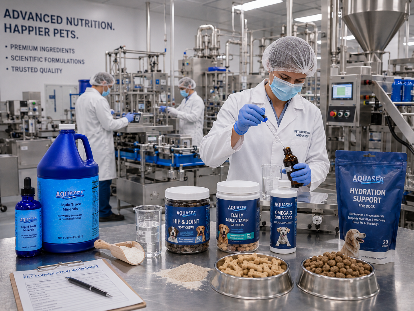 AQUASEA™ Liquid Trace Minerals 4 fl oz evaluation sample and 1 gallon jug displayed in a commercial pet nutrition manufacturing facility producing hydration support products, multivitamins, joint supplements, skin and coat formulas, functional treats, and pet wellness products.