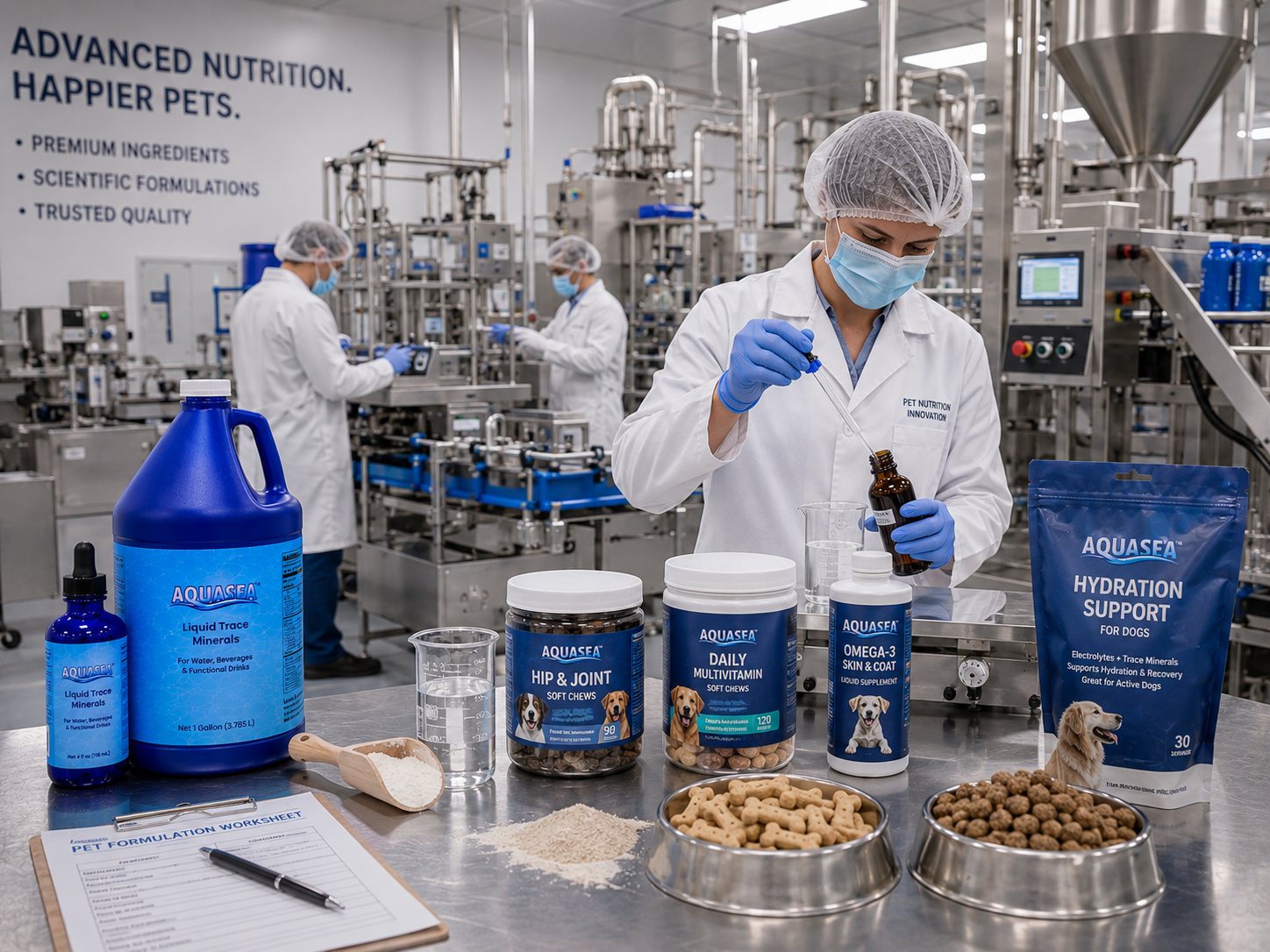 AQUASEA™ Liquid Trace Minerals 4 fl oz evaluation sample and 1 gallon jug displayed in a commercial pet nutrition manufacturing facility producing hydration support products, multivitamins, joint supplements, skin and coat formulas, functional treats, and pet wellness products.