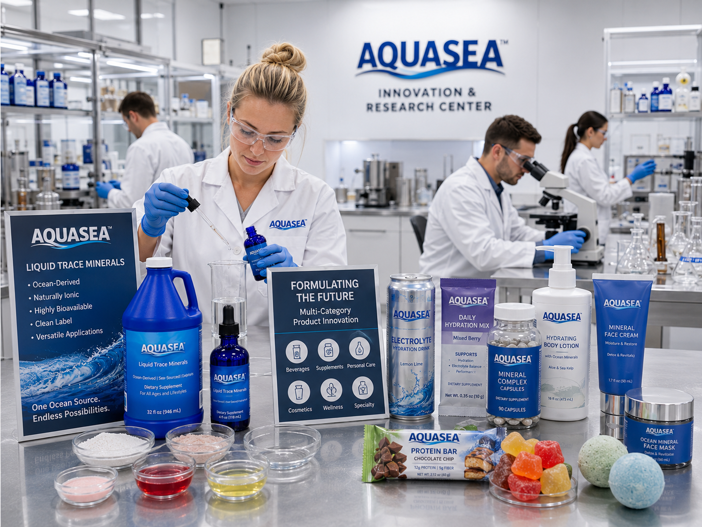 AQUASEA™ Liquid Trace Minerals displayed in a commercial product innovation laboratory developing beverages, hydration mixes, supplements, personal care products, cosmetics, protein bars, gummies, and specialty wellness formulations.