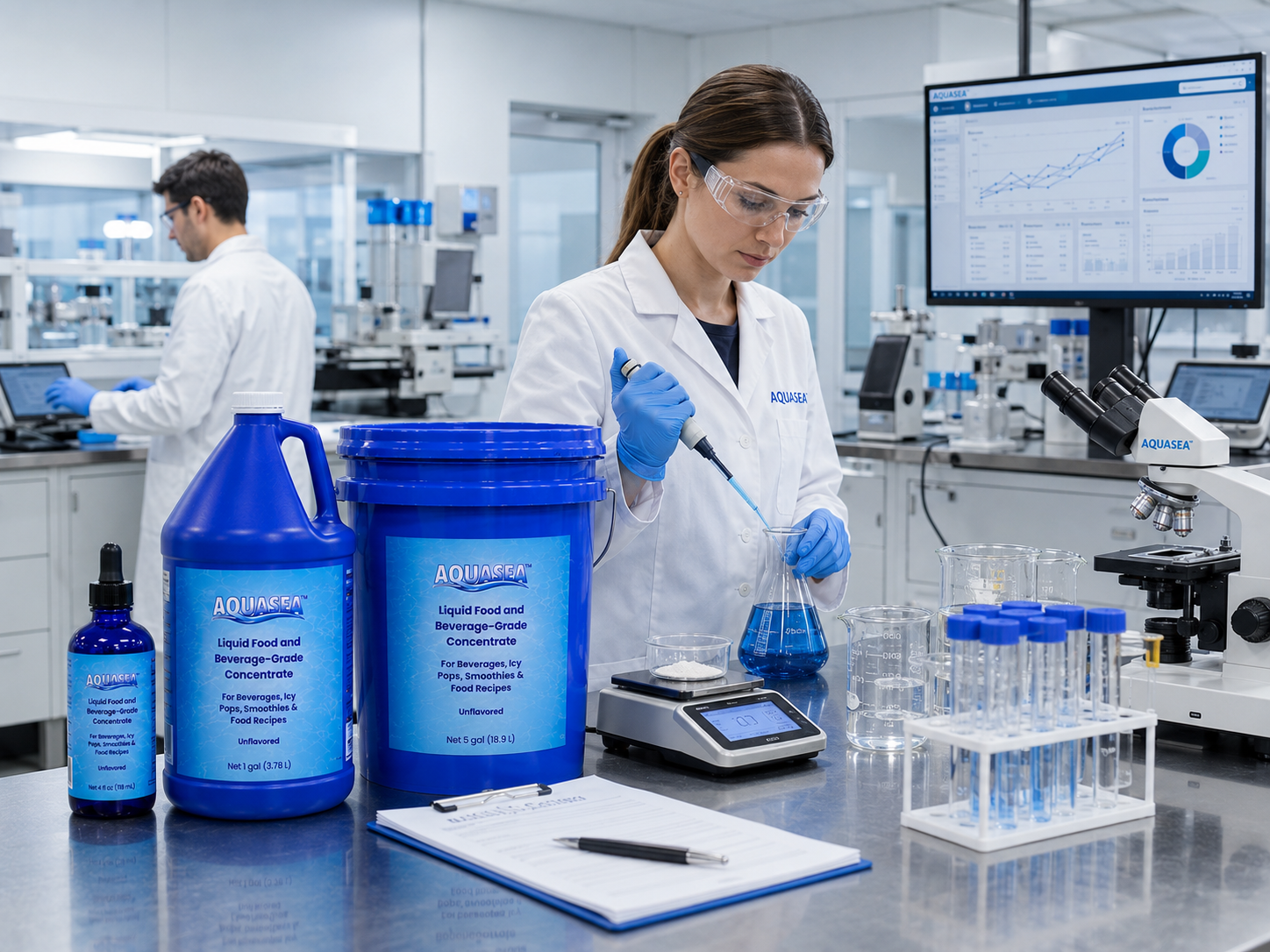 AQUASEA™ Liquid Trace Minerals 4 fl oz evaluation sample, 1 gallon jug, and 5 gallon pail displayed in a commercial quality assurance laboratory with food scientists, precision testing equipment, laboratory glassware, and stainless steel workstations.