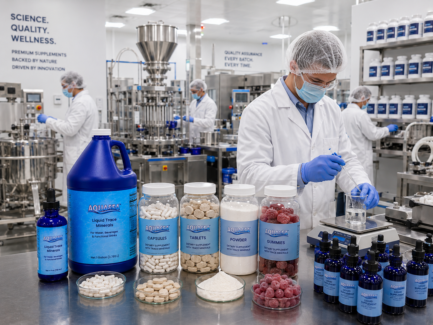AQUASEA™ Liquid Trace Minerals 4 fl oz evaluation sample and 1 gallon jug displayed in a commercial supplement manufacturing facility producing capsules, tablets, powders, gummies, and liquid wellness products with stainless steel filling equipment and quality control technicians.
