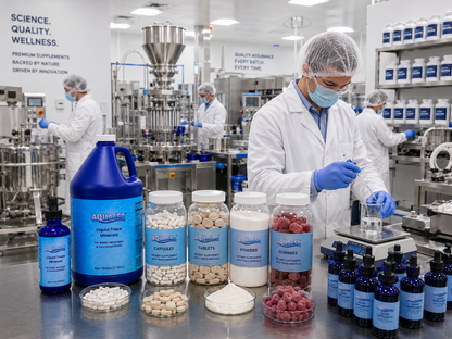 AQUASEA™ Liquid Trace Minerals 4 fl oz evaluation sample and 1 gallon jug displayed in a commercial supplement manufacturing facility producing capsules, tablets, powders, gummies, and liquid wellness products with stainless steel filling equipment and quality control technicians.