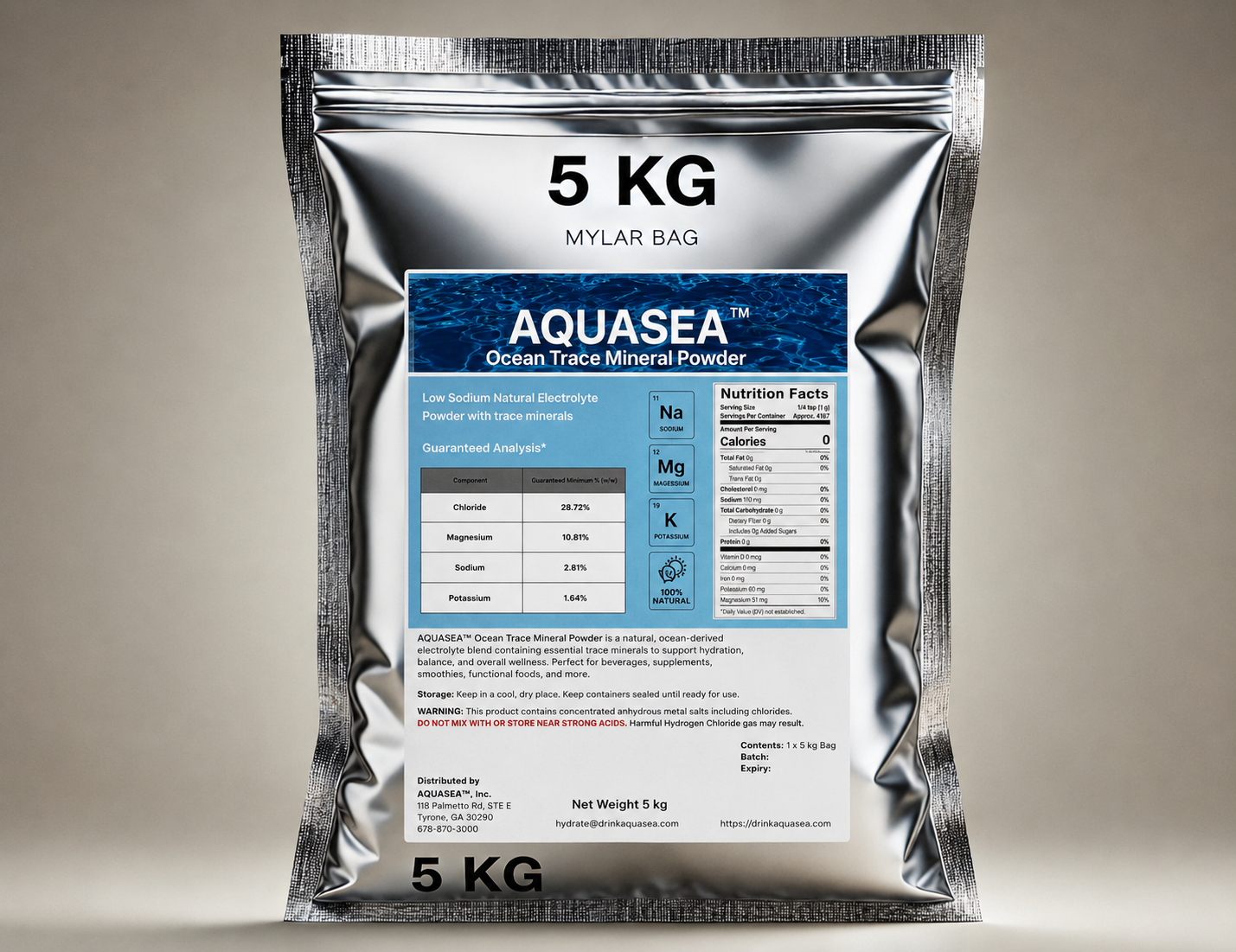 AQUASEA™ Ocean Trace Mineral Powder 5 kg silver Mylar bag for commercial food beverage supplement and product formulation manufacturing.