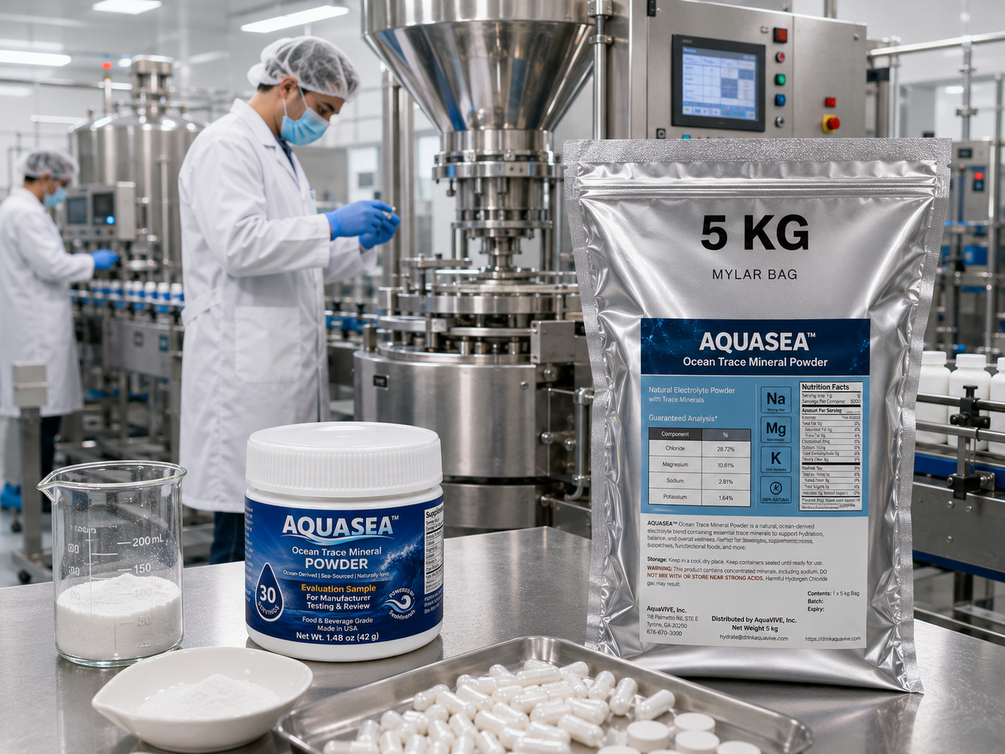 AQUASEA Ocean Trace Mineral Powder 5 kg bag and 1.48 oz evaluation sample in a pharmaceutical grade manufacturing facility producing capsules and tablets with stainless steel processing equipment.