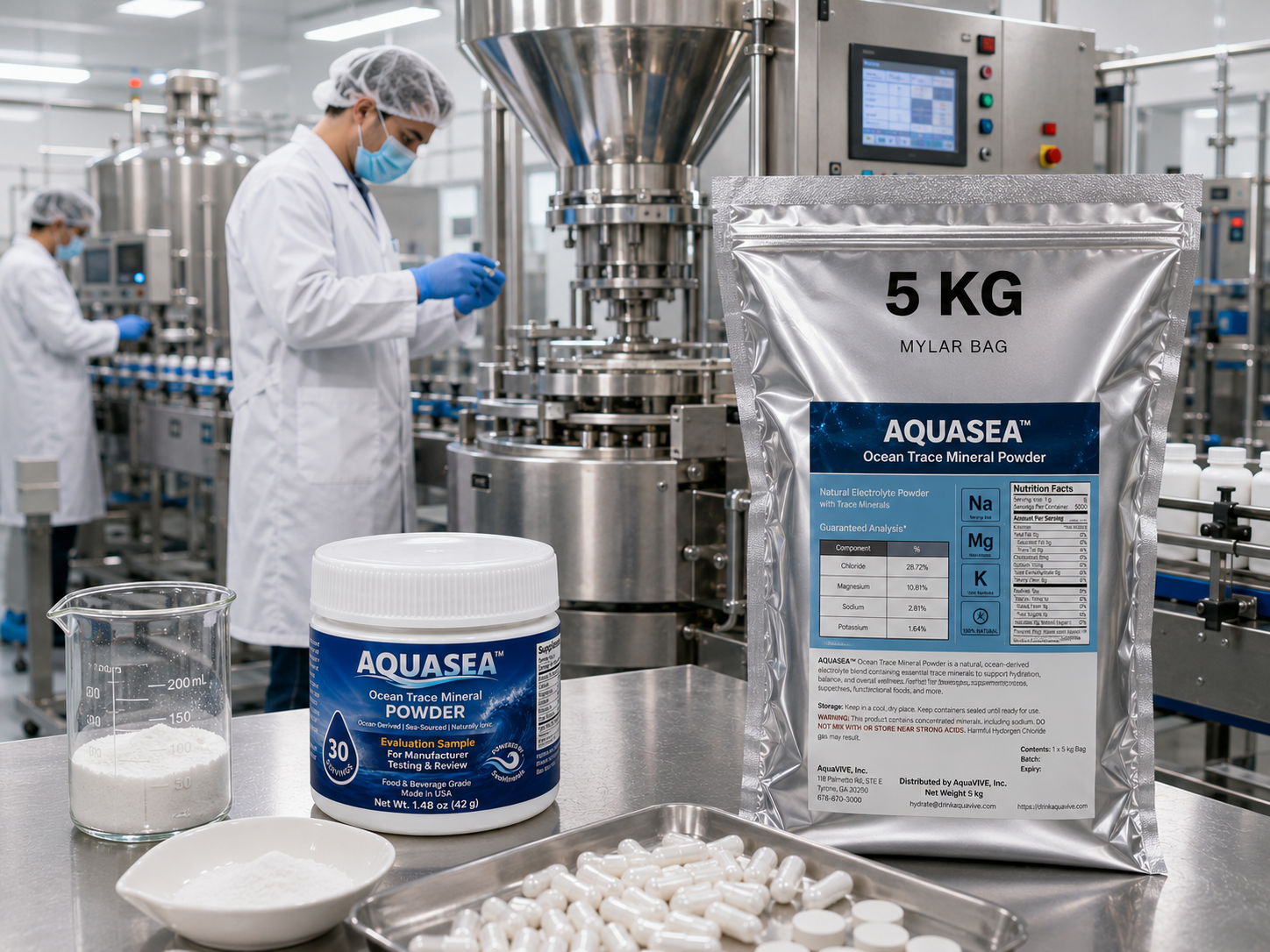 AQUASEA Ocean Trace Mineral Powder 5 kg bag and 1.48 oz evaluation sample in a pharmaceutical grade manufacturing facility producing capsules and tablets with stainless steel processing equipment.