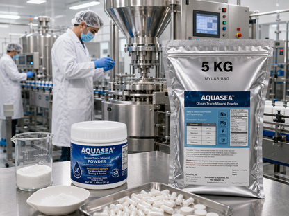 AQUASEA Ocean Trace Mineral Powder 5 kg bag and 1.48 oz evaluation sample in a pharmaceutical grade manufacturing facility producing capsules and tablets with stainless steel processing equipment.