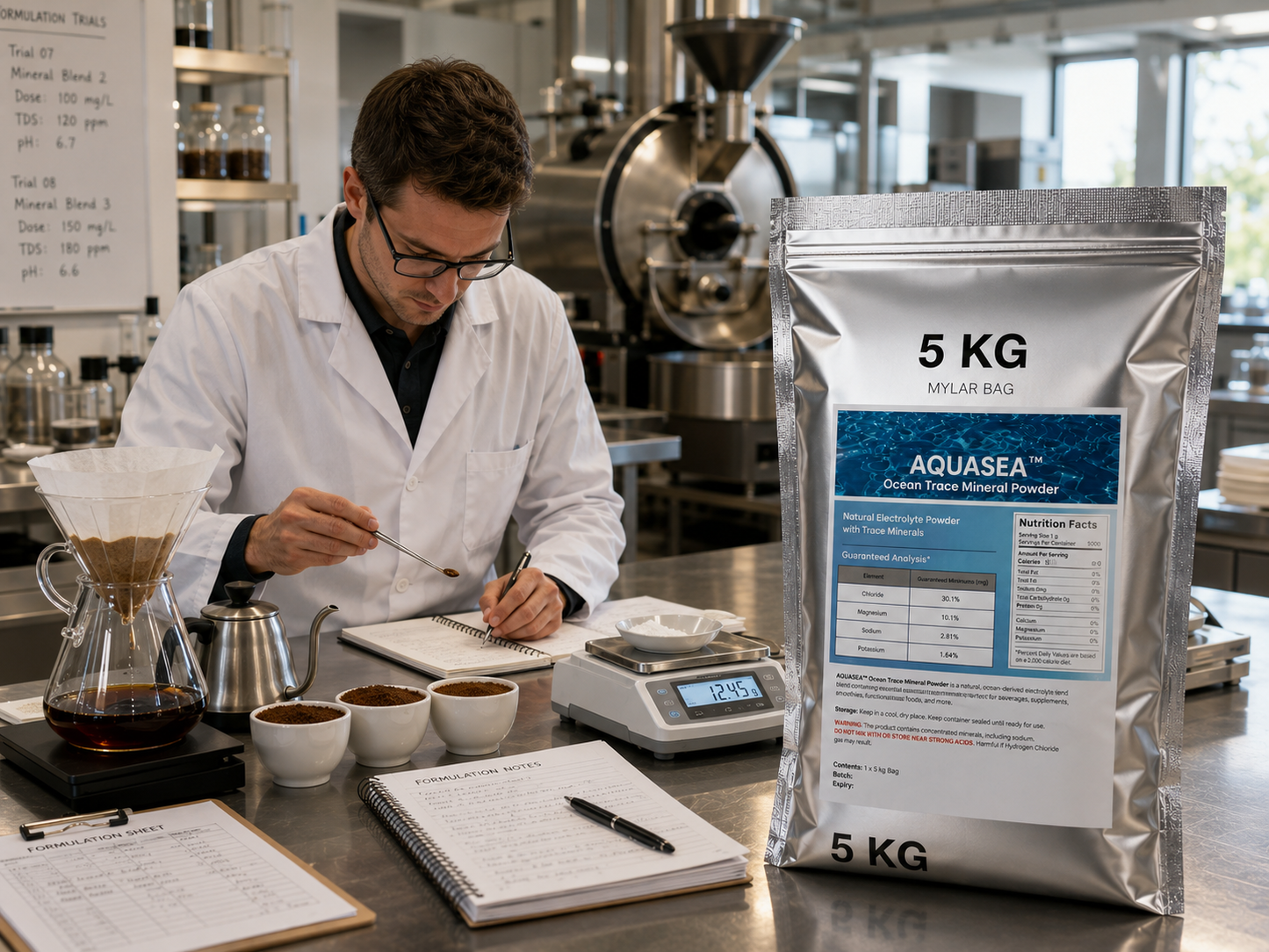 AQUASEA™ Ocean Trace Mineral Powder 5 kg silver Mylar bag displayed in a specialty coffee product development laboratory with roasted coffee samples, precision scales, brewing equipment, formulation notes, and a food scientist evaluating coffee blends.