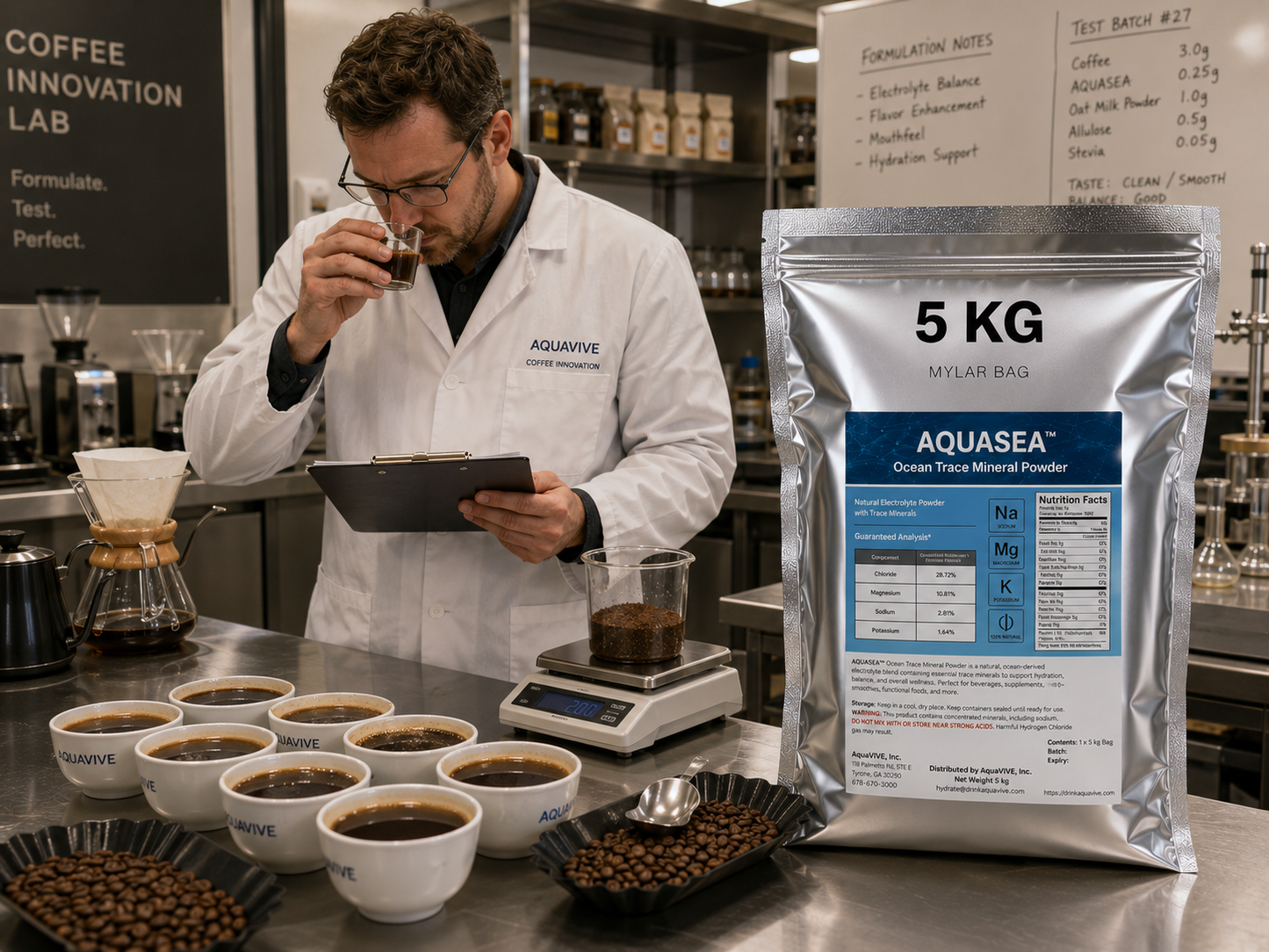 AQUASEA™ Ocean Trace Mineral Powder 5 kg silver Mylar bag displayed in a specialty coffee innovation laboratory with roasted coffee beans, cupping bowls, brewing equipment, precision scales, and a scientist evaluating coffee formulations.