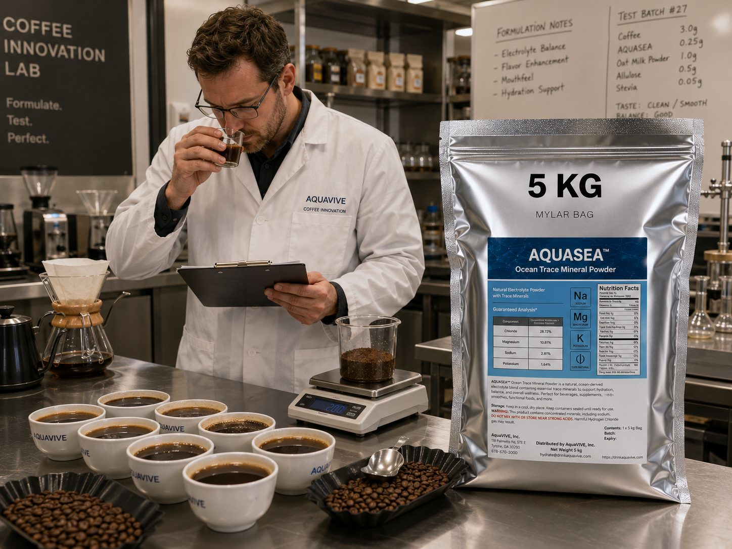 AQUASEA™ Ocean Trace Mineral Powder 5 kg silver Mylar bag displayed in a specialty coffee innovation laboratory with roasted coffee beans, cupping bowls, brewing equipment, precision scales, and a scientist evaluating coffee formulations.
