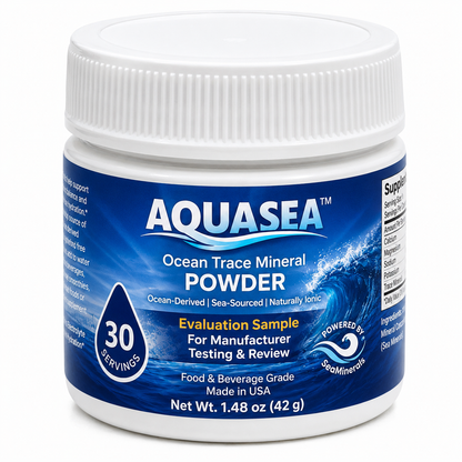 AQUASEA Ocean Trace Mineral Powder 1.48 oz evaluation sample jar for manufacturer testing and commercial food and beverage formulation.