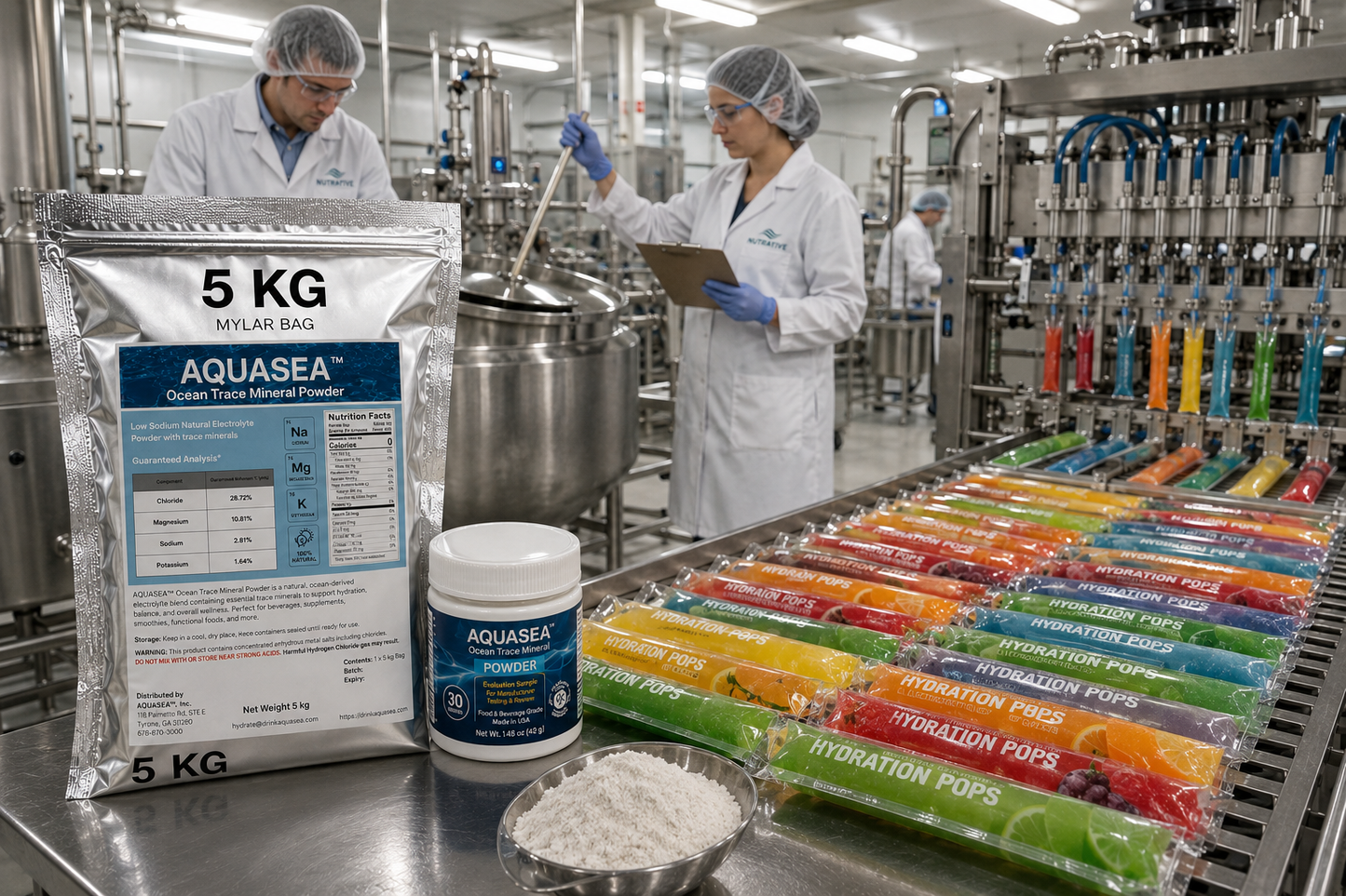 AQUASEA Ocean Trace Mineral Powder 5 kg bag and evaluation sample displayed in a commercial frozen hydration pop manufacturing facility with stainless steel mixing equipment, food scientists, and colorful electrolyte freezer pops.