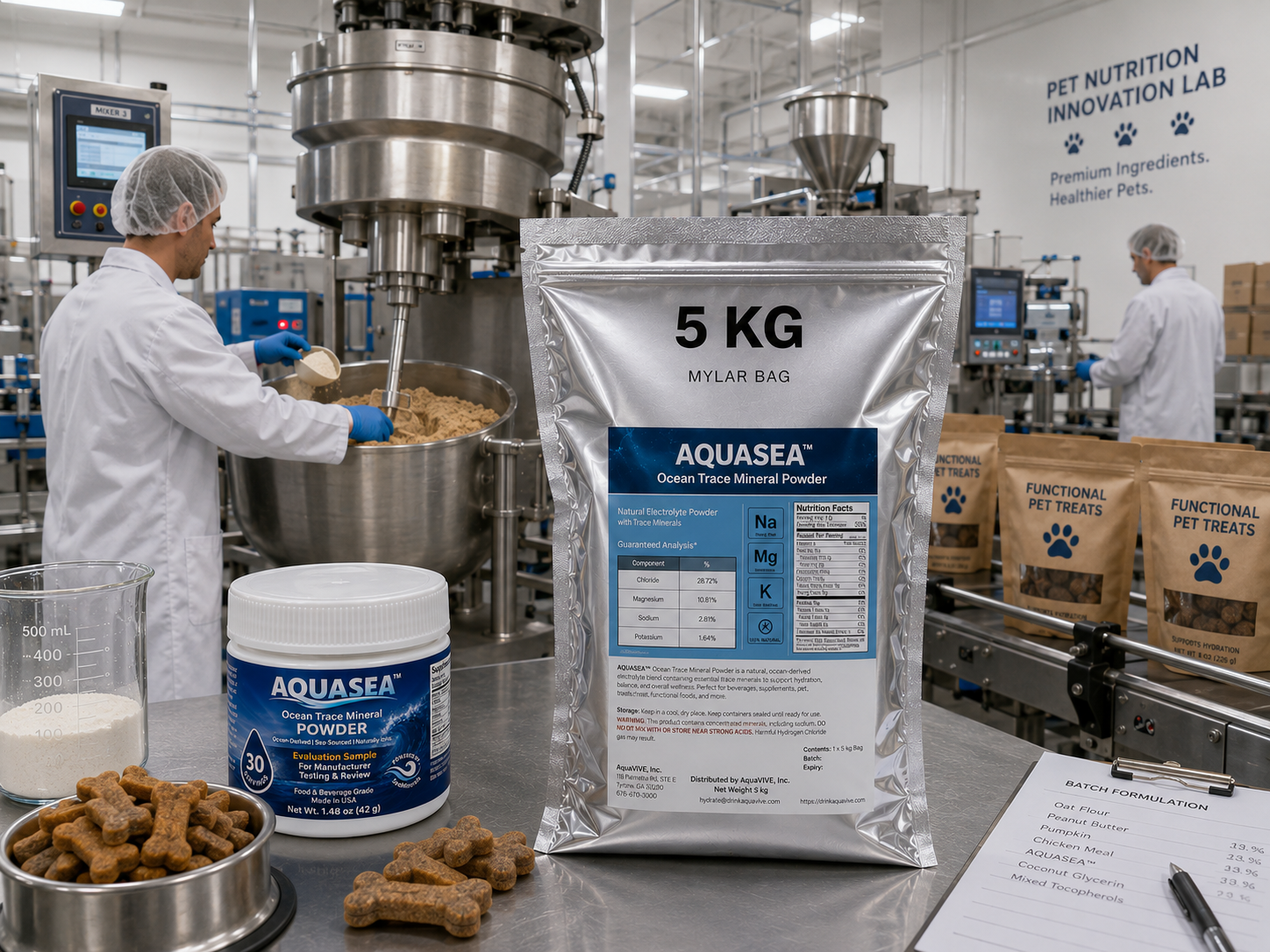 AQUASEA Ocean Trace Mineral Powder 5 kg bag and evaluation sample displayed in a commercial pet nutrition manufacturing facility producing functional pet treats with stainless steel mixing and packaging equipment.