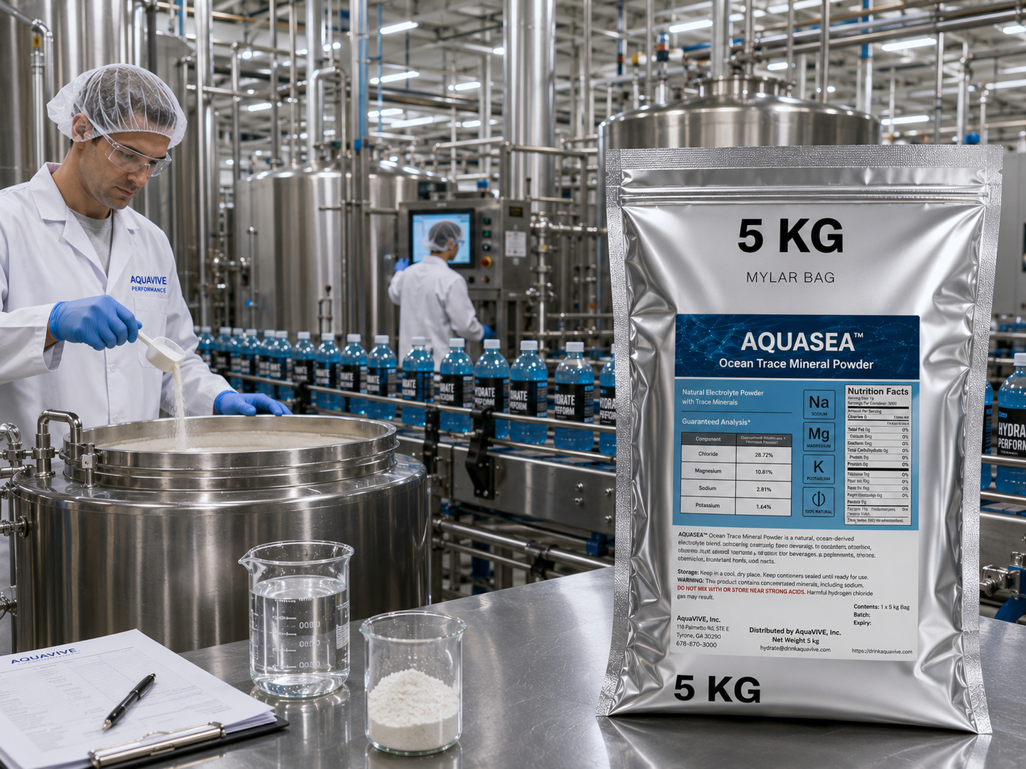 AQUASEA™ Ocean Trace Mineral Powder 5 kg silver Mylar bag used in a commercial sports drink manufacturing facility with stainless steel mixing tanks, food scientists, and an electrolyte beverage bottling line.