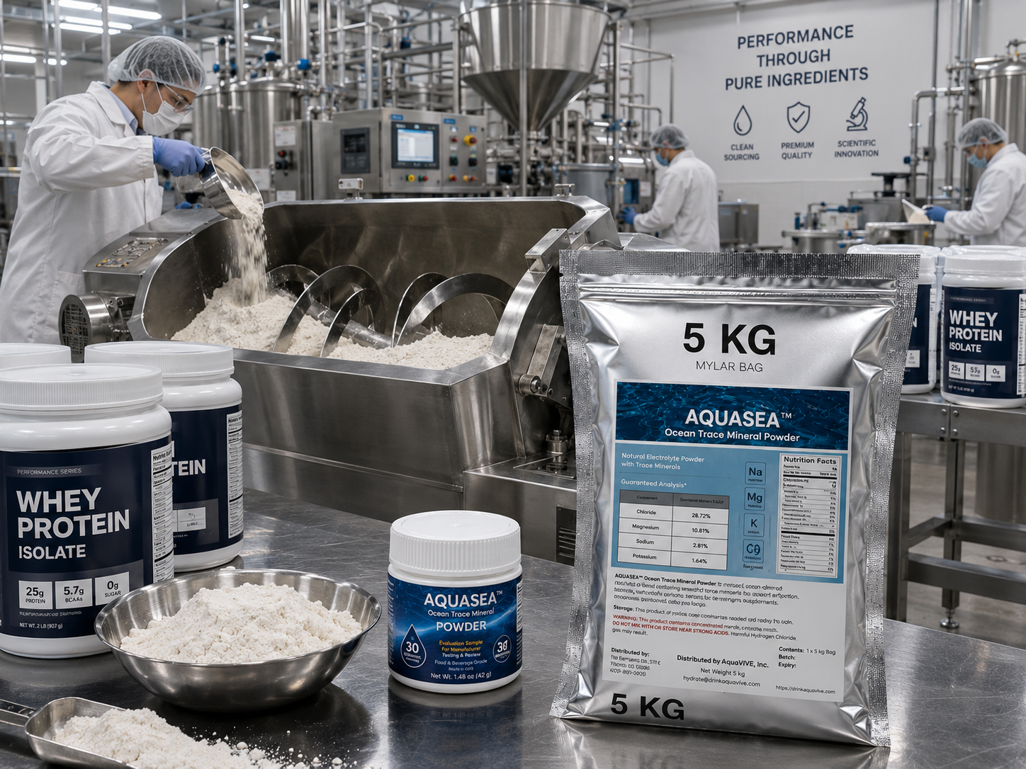 AQUASEA™ Ocean Trace Mineral Powder 5 kg silver Mylar bag and evaluation sample displayed in a commercial sports nutrition manufacturing facility producing whey protein powders with stainless steel ribbon blending equipment.
