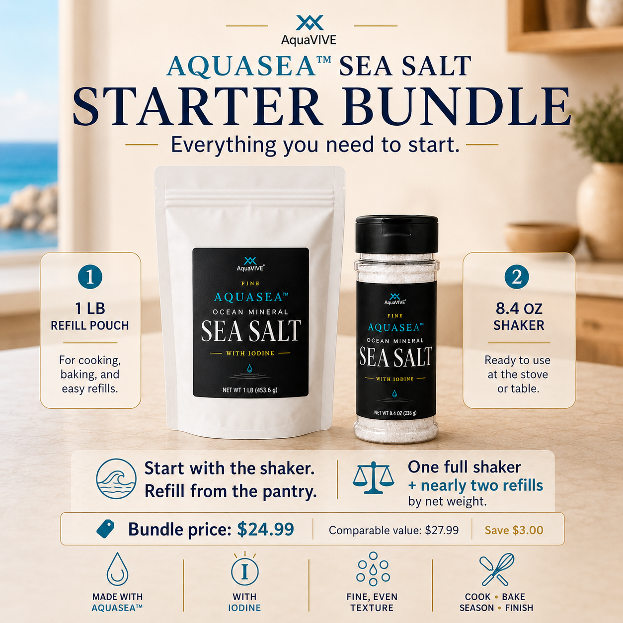 AquaVIVE AQUASEA™ Sea Salt Starter Bundle showing a 1 lb refill pouch and 8.4 oz shaker with starter bundle details