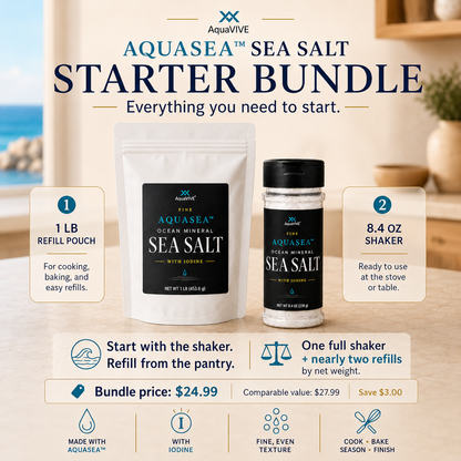 AquaVIVE AQUASEA™ Sea Salt Starter Bundle showing a 1 lb refill pouch and 8.4 oz shaker with starter bundle details