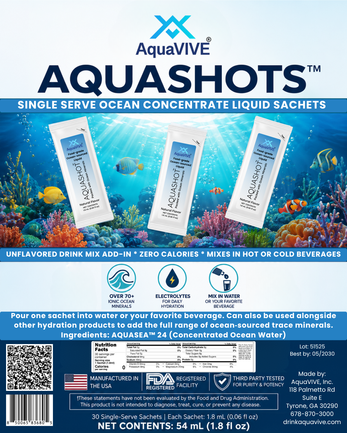 AQUASHOTS™ Ocean-Sourced Liquid Drink Add-In Sachets | Unflavored Beverage Mixer for Water, Coffee, Tea, Smoothies | Zero Calories, No Sugar | Hot or Cold Drinks | 30 Sachets