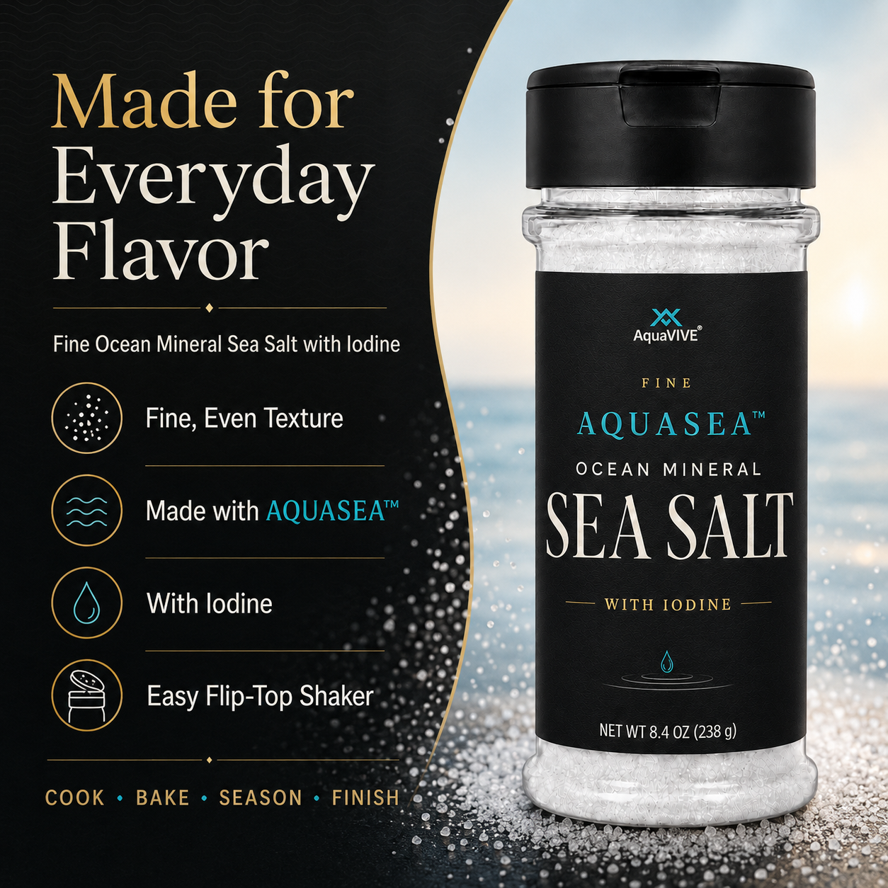 AquaVIVE Fine AQUASEA™ Ocean Mineral Sea Salt shaker with fine texture, iodine and flip-top shaker feature callouts