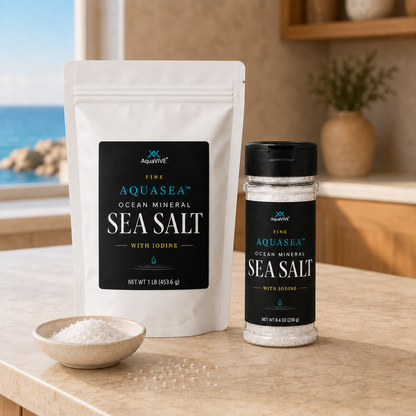 AquaVIVE AQUASEA™ Sea Salt Starter Bundle with one 1 lb refill pouch, one 8.4 oz shaker, and a bowl of fine sea salt