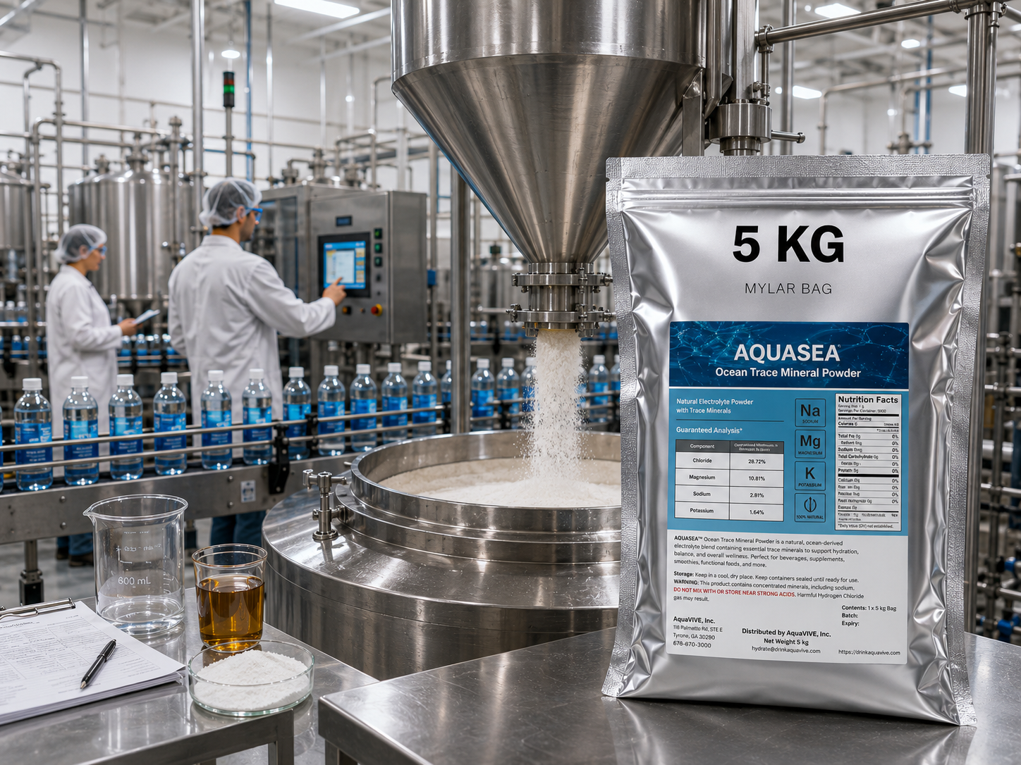 AQUASEA™ Ocean Trace Mineral Powder 5 kg bulk ingredient bag used in commercial beverage manufacturing with automated mixing and bottling equipment.