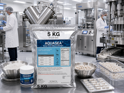 AQUASEA™ Ocean Trace Mineral Powder 5 kg bulk ingredient bag and evaluation sample jar used in commercial capsule manufacturing with pharmaceutical-grade blending, encapsulation, and production equipment.